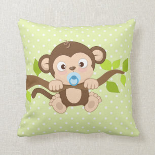 Cute Baby Boy Monkey Green Polka Dots Throw Pillow