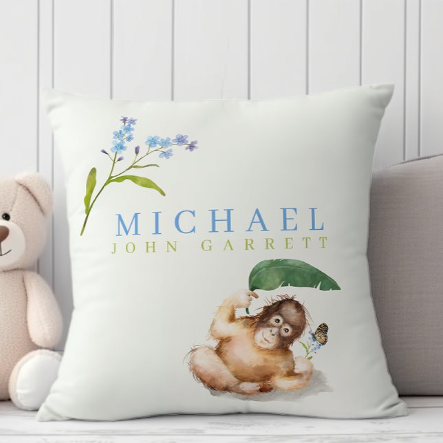 Cute baby boy monkey pastel blue floral nursery cushion (Creator Uploaded)