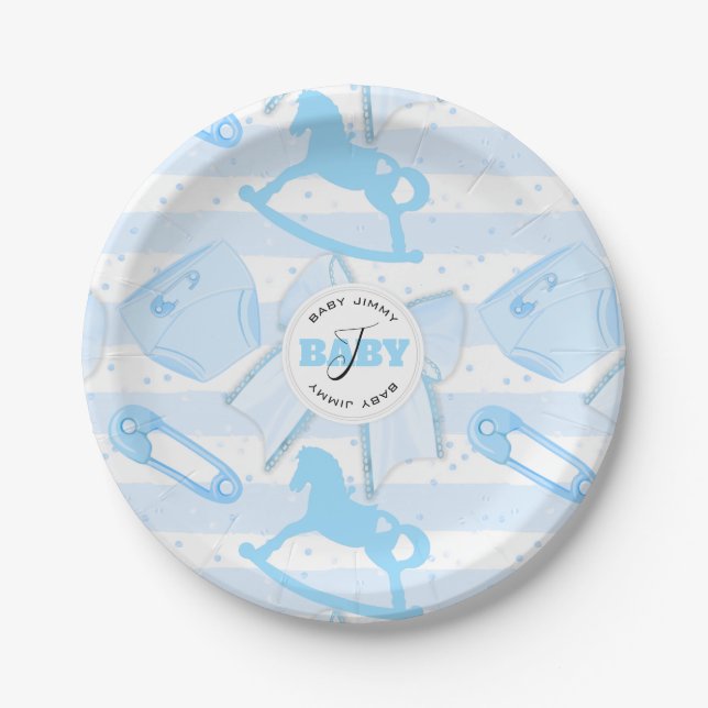 Cute Baby Boy Monogrammed Pattern Paper Plate (Front)