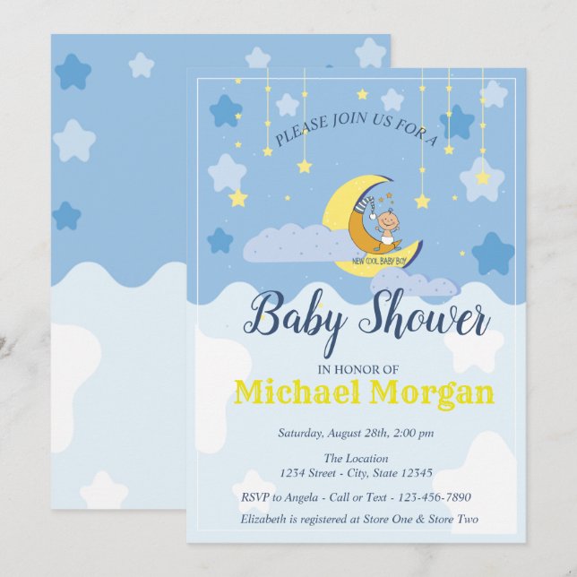 Cute Baby Boy, Moon, Stars Invitation (Front/Back)