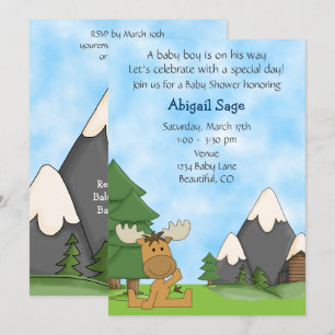 Cute Baby Boy Mountain Moose Baby Shower Invitation