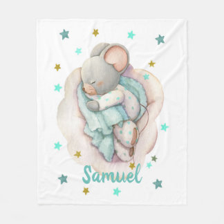Cute baby boy mouse sleeping on a cloud fleece blanket