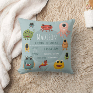 Cute Baby Boy Nursery Monster Alien Birth Stats Cushion
