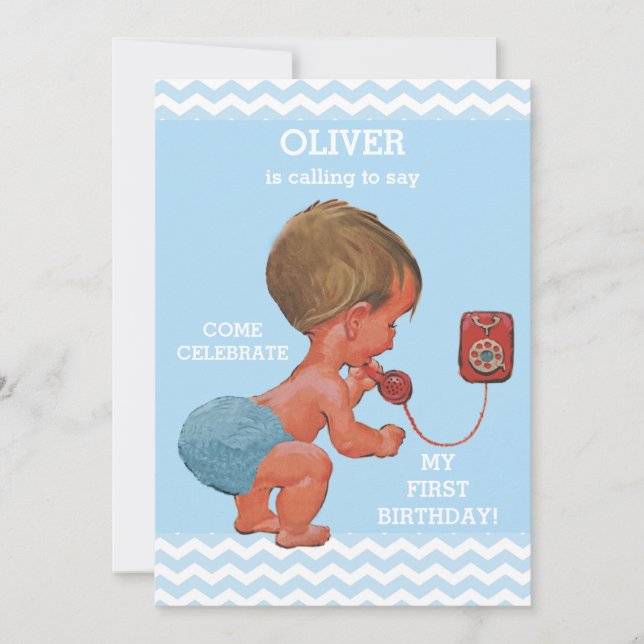 Cute Baby Boy on Phone 1st Birthday Chevrons Invitation (Front)