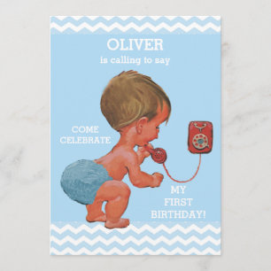 Cute Baby Boy on Phone 1st Birthday Chevrons Invitation