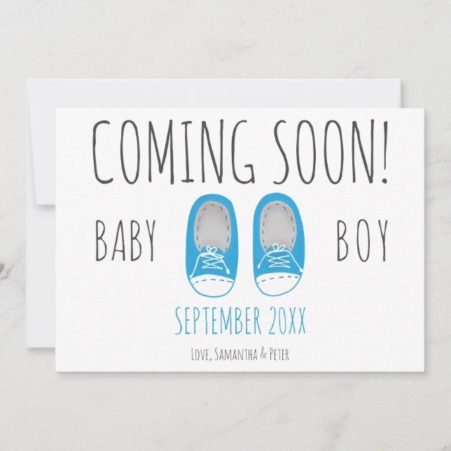 Cute baby boy shoes coming soon blue pregnancy announcement (Front)