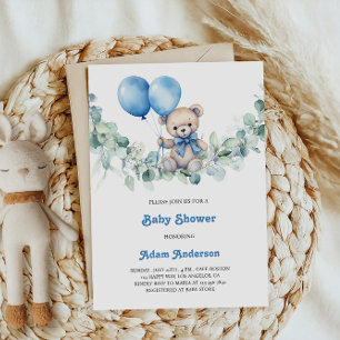 Cute Baby Boy Shower Invite – Blue Balloons & Bear