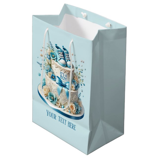 Cute baby boy shower party cake medium gift bag (Front Angled)