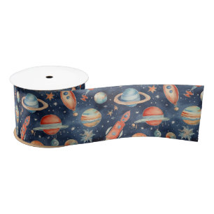 Cute Baby Boy Space Planet Watercolor Blue Orange Satin Ribbon