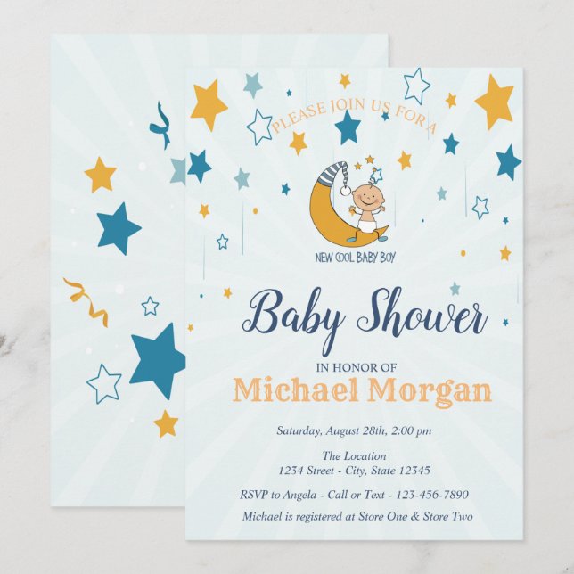 Cute Baby Boy, Stars Baby Shower Invitation (Front/Back)
