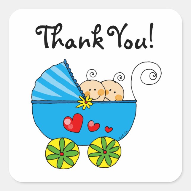 Cute baby boy twins thank you square sticker (Front)