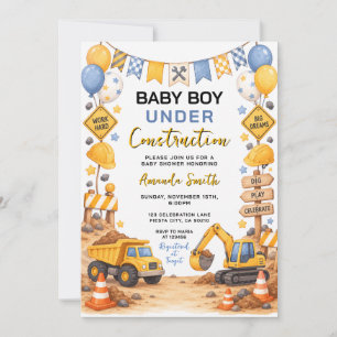 Cute Baby Boy Under Truck Construction Baby Shower Invitation