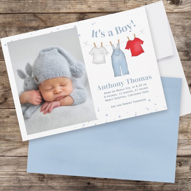 Cute Baby Boy Whimsical Simple Denim Blue Clothes Announcement (Creator Uploaded)