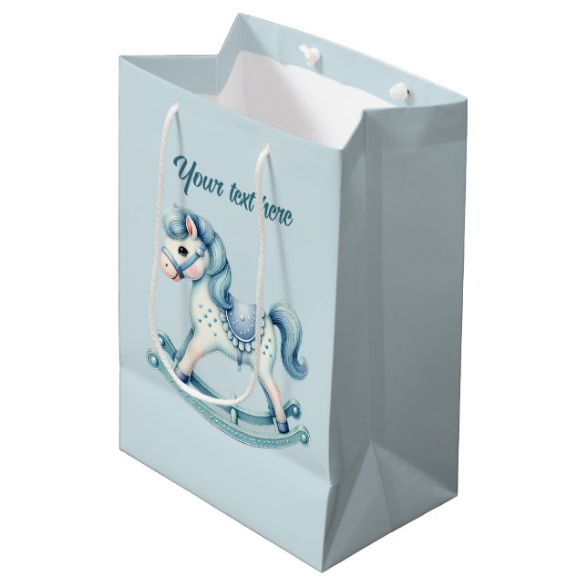 Cute baby boys rocking horse customisable  medium gift bag (Front Angled)