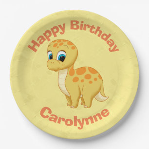 Cute Baby Brontosaurus Dinosaur Cutisaurus Yellow Paper Plate
