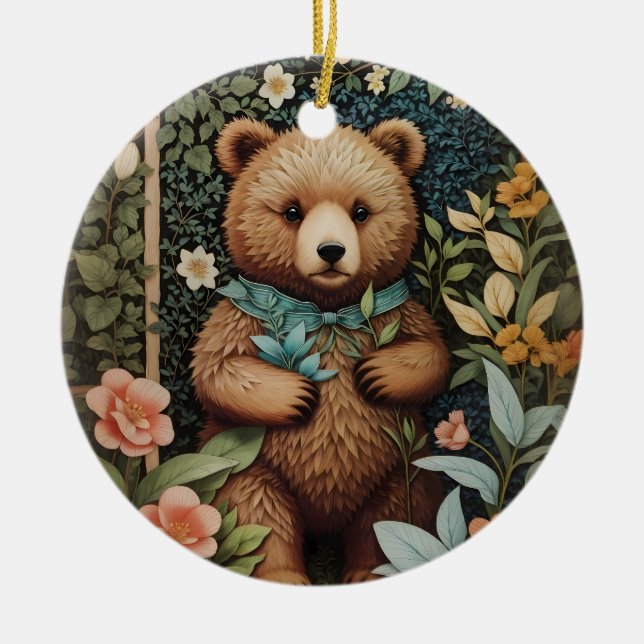 Cute Baby Brown Bear William Morris Inspired  Ceramic Tree Decoration (Front)