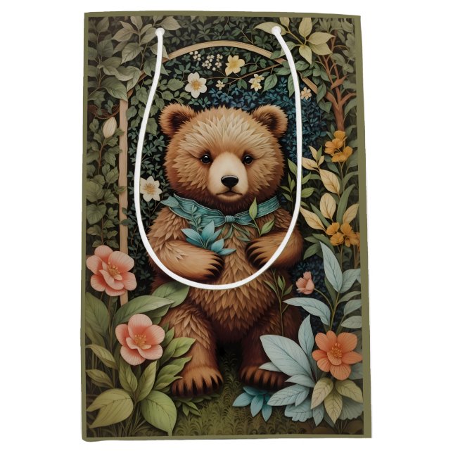 Cute Baby Brown Bear William Morris Inspired  Medium Gift Bag (Front)