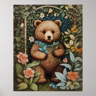 Cute Baby Brown Bear William Morris Inspired  Poster
