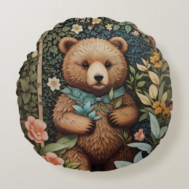 Cute Baby Brown Bear William Morris Inspired  Round Cushion (Front)