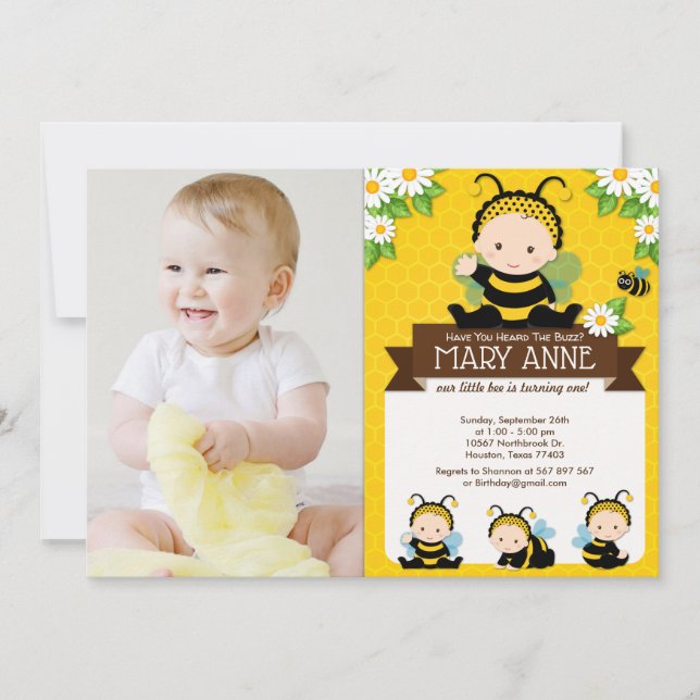 Cute Baby Bumble Bee Honey Bee 1st Birthday Photo Invitation (Front)