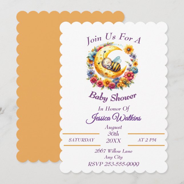 Cute Baby Bumble Bee Sleeping on a Half Moon Invitation (Front/Back)