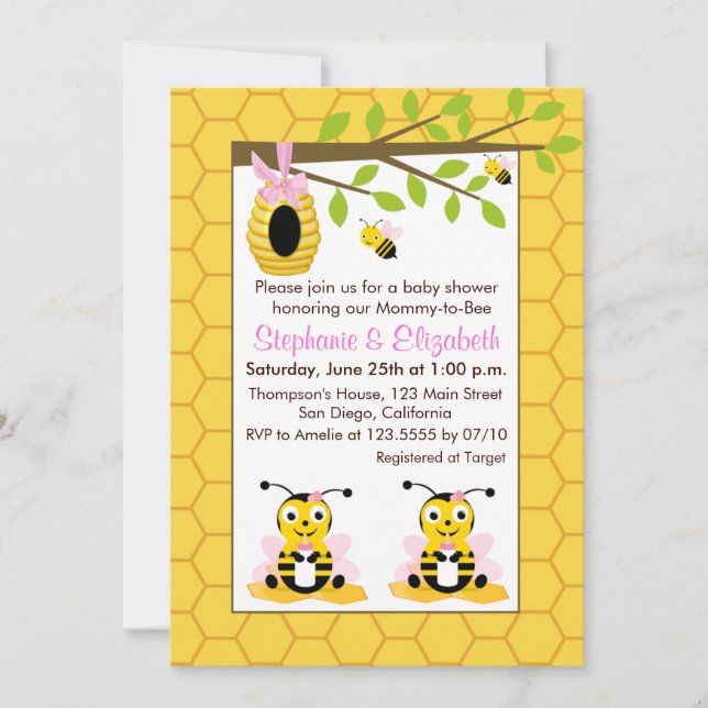 Cute Baby Bumblebee Twin Gir Baby Shower Invitation (Front)
