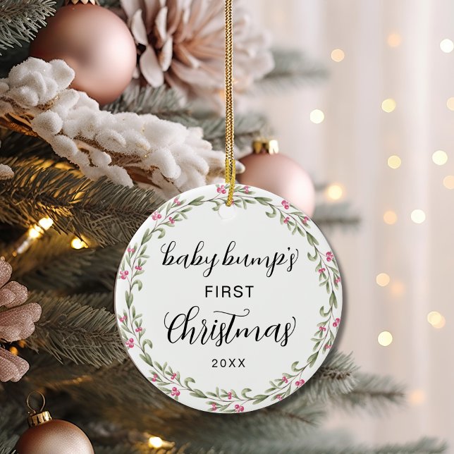 Cute Baby Bump's First Christmas Pink Berry Ceramic Tree Decoration (Creator Uploaded)