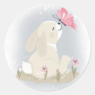 Cute baby Bunny and butterfly. Classic Round Sticker