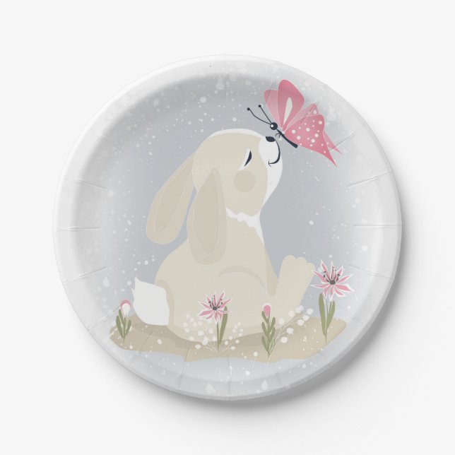 Cute baby Bunny and butterfly. Paper Plate (Front)
