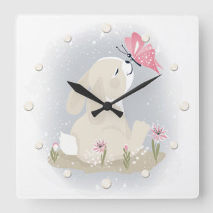 Cute baby Bunny and butterfly. Square Wall Clock