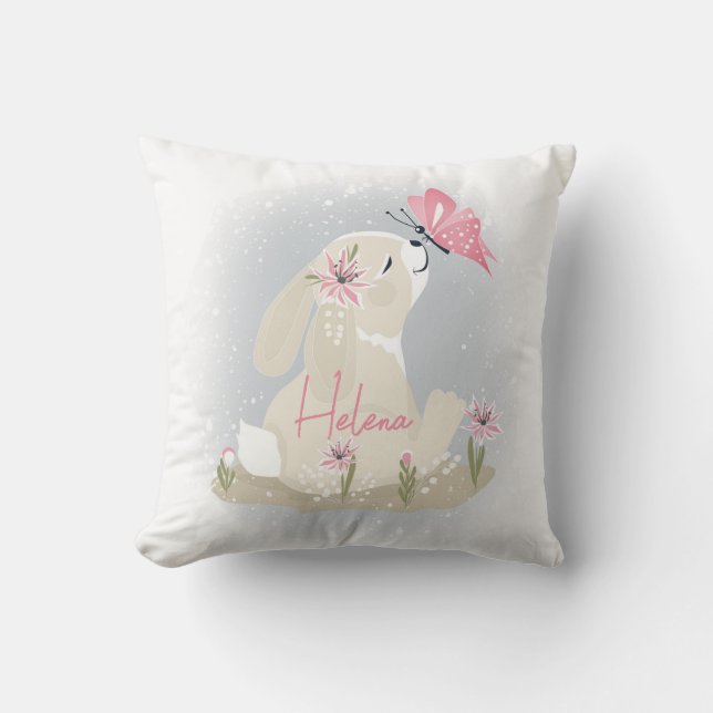 Cute baby Bunny and butterfly. Throw Pillow (Front)