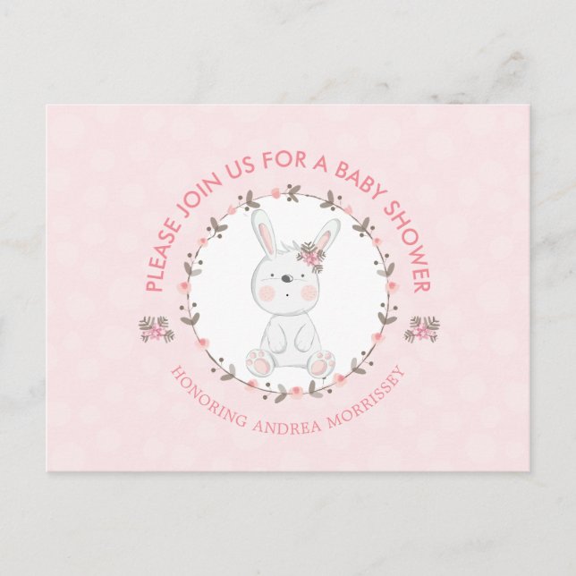 Cute Baby Bunny Floral Wreath Pink Baby Shower Invitation Postcard (Front)