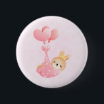 Cute Baby Bunny in a Heart Blanket 6 Cm Round Badge<br><div class="desc">Button with an adorable illustration. A little baby bunny wearing a tiny golden crown. Carried by balloons in a pink heart blanket.</div>