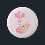 Cute Baby Bunny in a Heart Blanket 6 Cm Round Badge<br><div class="desc">Button with an adorable illustration. A little baby bunny wearing a tiny golden crown. Carried by balloons in a pink heart blanket.</div>