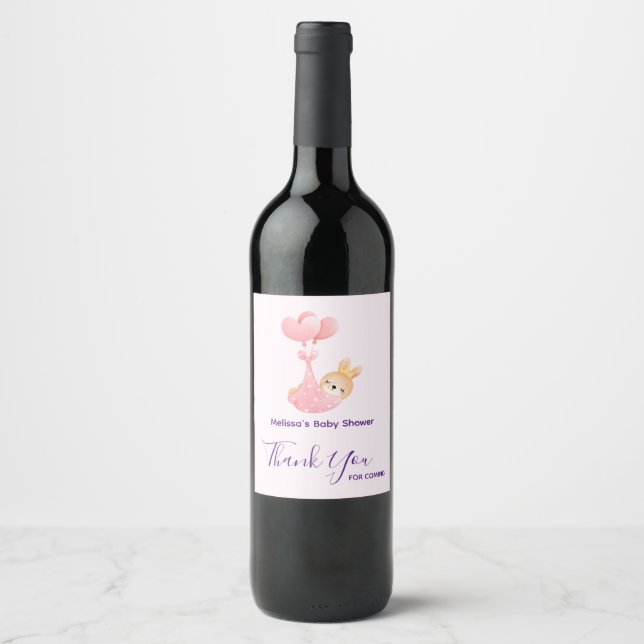 Cute Baby Bunny in a Heart Blanket Baby Shower Wine Label (Front)