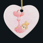 Cute Baby Bunny in a Heart Blanket Ceramic Tree Decoration<br><div class="desc">An ornament with an adorable illustration. A little baby bunny wearing a tiny golden crown. Carried by balloons in a pink heart blanket.</div>