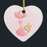 Cute Baby Bunny in a Heart Blanket Ceramic Tree Decoration<br><div class="desc">An ornament with an adorable illustration. A little baby bunny wearing a tiny golden crown. Carried by balloons in a pink heart blanket.</div>