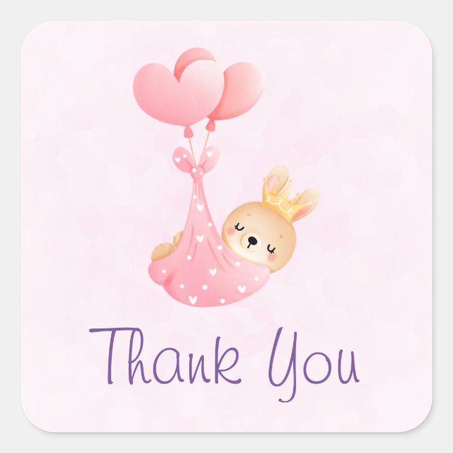 Cute Baby Bunny in a Heart Blanket Thank You Square Sticker (Front)