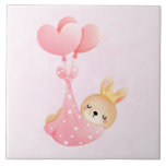 Cute Baby Bunny in a Heart Blanket Tile<br><div class="desc">Ceramic tile with an adorable illustration. A little baby bunny wearing a tiny golden crown. Carried by balloons in a pink heart blanket.</div>