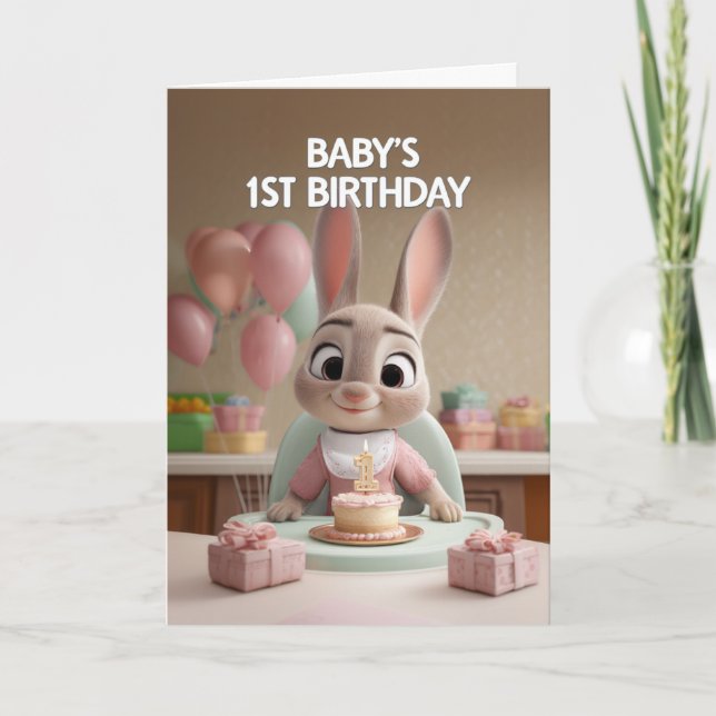 Cute Baby Bunny in Pink Celebrating 1st Birthday Card (Front)