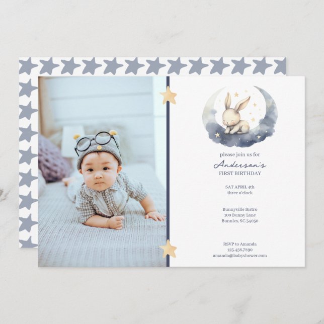 Cute Baby Bunny on a Moon Kid's Birthday Invitation (Front/Back)