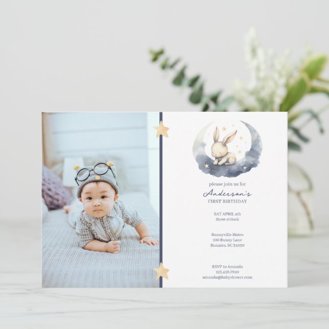 Cute Baby Bunny on a Moon Kid's Birthday Invitation (Standing Front)