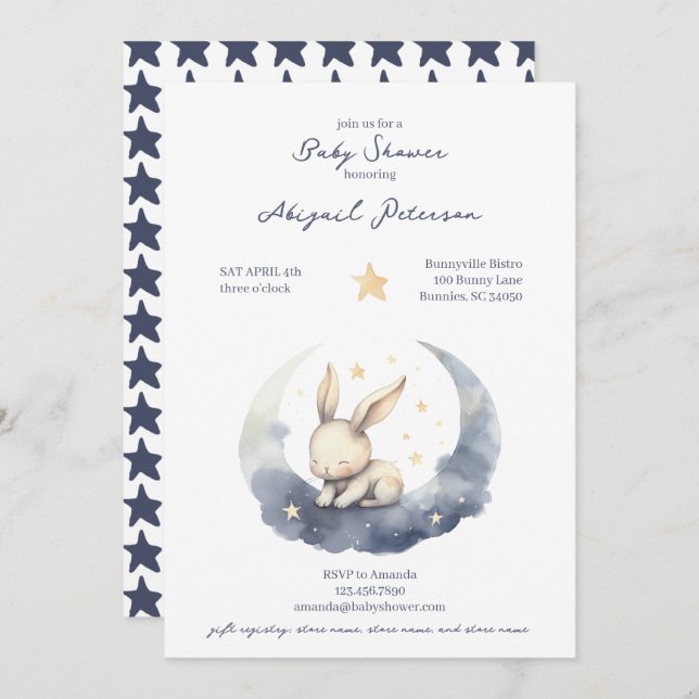 Cute Baby Bunny on a Moon with Stars Baby Shower Invitation (Front/Back)