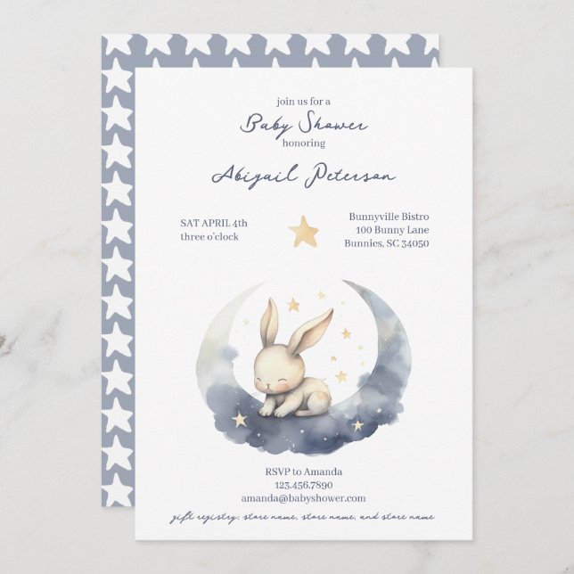 Cute Baby Bunny on a Moon with Stars Baby Shower Invitation (Front/Back)