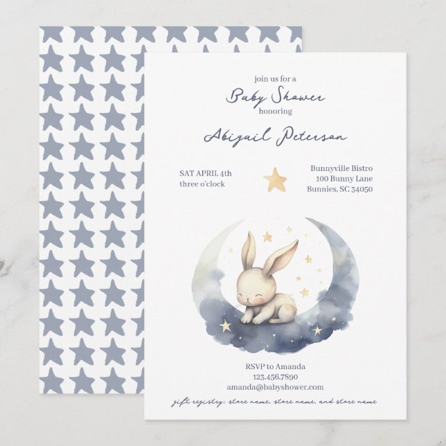 Cute Baby Bunny on a Moon with Stars Baby Shower Invitation (Front/Back)