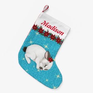 Cute Baby Bunny poinsettias Glitter Custom Name Small Christmas Stocking