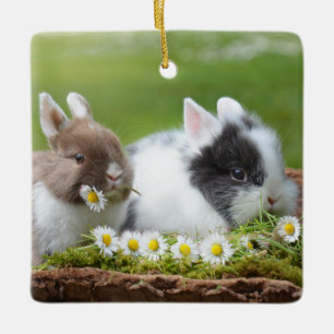 Cute Baby Bunny Rabbits with Flowers Ceramic Ornament