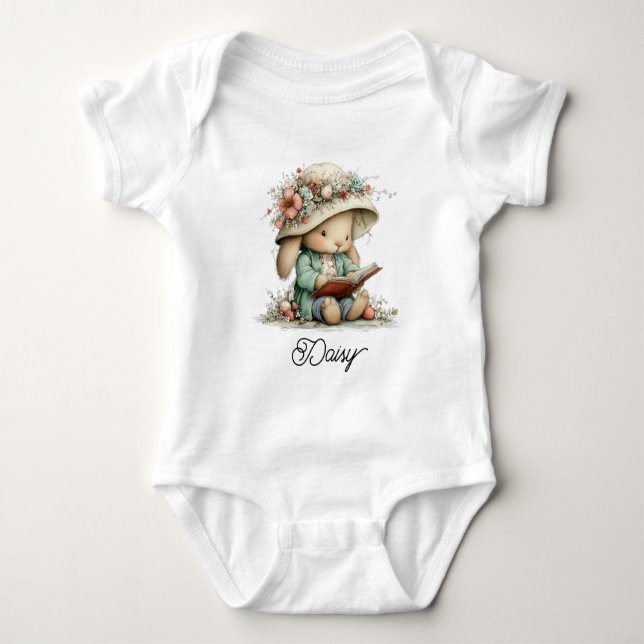 Cute Baby Bunny Reading Book Bodysuit (Front)