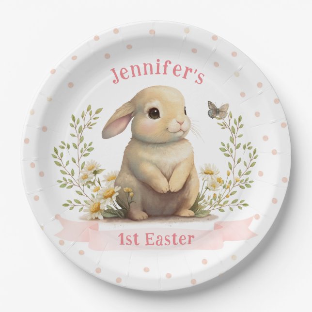 Cute Baby Bunny with Butterfly 1st Easter Party Paper Plate (Front)