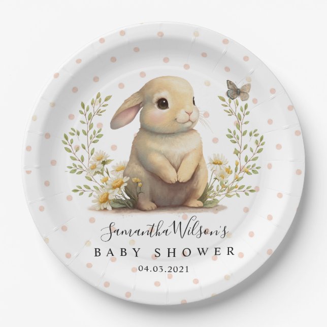 Cute Baby Bunny with Butterfly Baby Shower Paper Plate (Front)